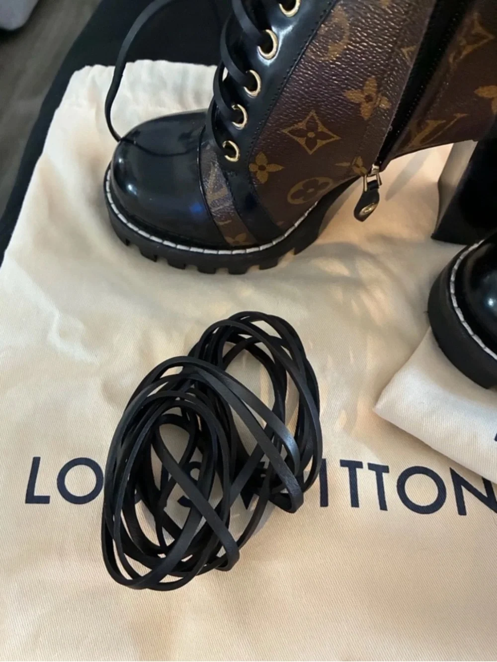 Louis Vuitton Brown Monogram Lace-Up Chunky Heel Boots - Picture 4 of 5